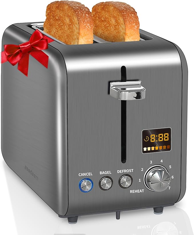 SEEDEEM Toaster 2 Slice, Stainless Steel Bread Toaster LCD Display, 7 Shade Setting, 1.4'' Wide Slots, Bagel/Defrost/Reheat Functions, Removable Crumb Tray, 900W, Dark Metallic