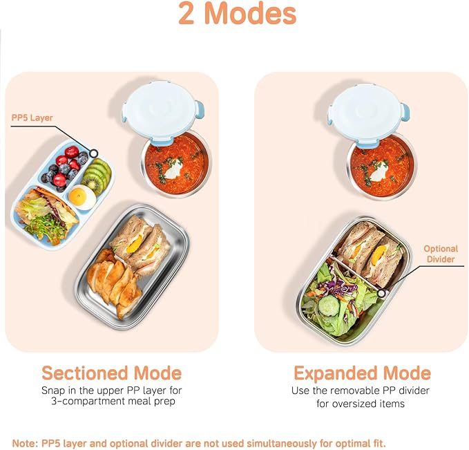 Insulated Bento Box with Thermo, 18/8 Stainless Steel Lunch Box, Bento Box for Adults and Kids with PP5 Containers, Food Containers with Bag for Office or School, Blue