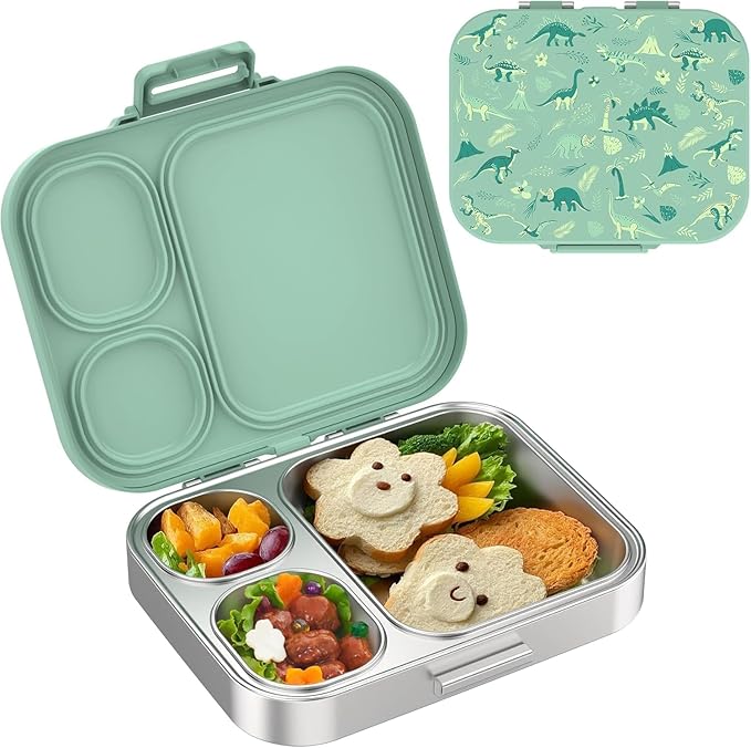Stainless Steel Lunch Box: Metal Bento Box for Kids Adults - Leak-Proof 3 Compartments,Green