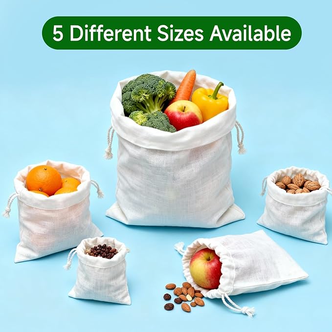 Simple&Opulence 12-Pack 5” x 7” Linen Cotton Drawstring Bags Reusable Grocery Sacks, DIY Craft Sachet Sacks Storage Cloth Bags for Party Wedding Home Bulk Produce Bags, Washable, White