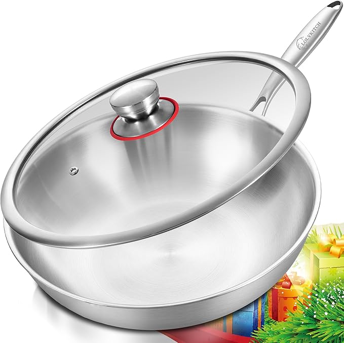 LOLYKITCH Tri-Ply 13 Inch Stainless Steel Wok Pan with Lid, Stir-Frying Pan,Induction Wok,Dishwasher and Oven Safe,Heavy Duty and Detachable handle.