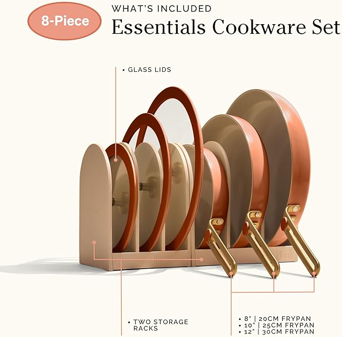 Our Place 8-Piece Essentials Complete Cookware Set - Ceramic Fry Pan Trio & Modular Rack Storage | Nontoxic Thermakind™ Nonstick, Oven Safe up to 450°F & Compatible with All Cooktops | Terracotta