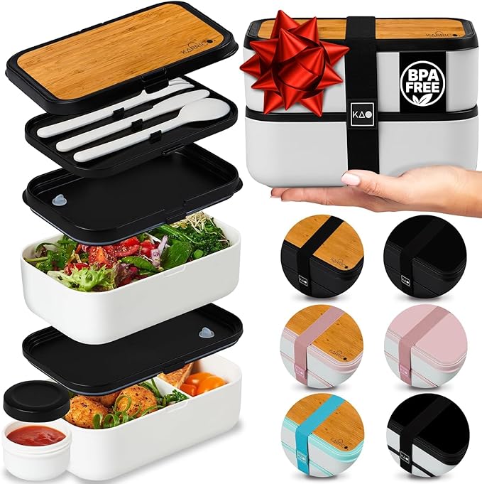 Double Premium Bento Box Adult, 67 fl oz BPA-Free - Cream Stackable Lunch Box with Leak-Proof Lids & Dividers, Perfect for Meal Prep, Lunches & Portion Control