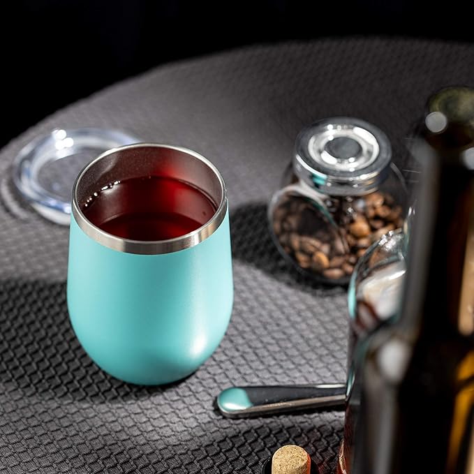 COMOOO Wine Tumbler 12oz Insulated Wine Cup Set of 4 with Lid and Straw Stainless Steel Wine Glass Tumbler Stemless for Hot and Cold Drinks, Champagne, Cocktails (Blue, 4 Pack)