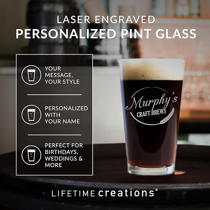 Lifetime Creations Personalized Craft Beer Pint Glass: Engraved Craft Brew Glassware, Personalized Home Brew Glass, Custom Beer Glass, Home Brewer Gift, Made in USA