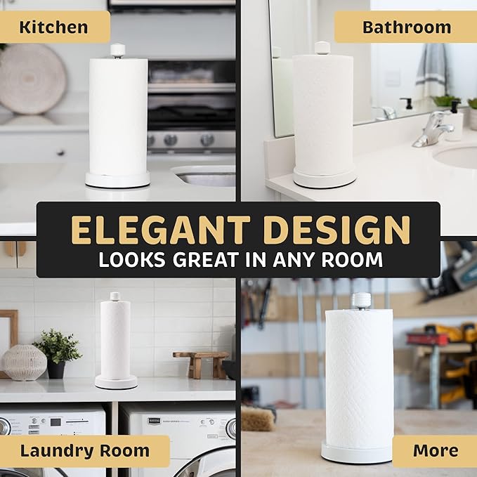 Dear Household Stainless Steel Paper Towel Holder Easy One-Handed Operation - This Sturdy Weighted Paper Towel Dispenser Countertop Model Has Suction Cups and Holds All Paper Towel Rolls - White