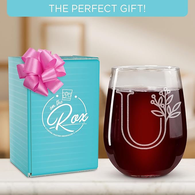 On The Rox Drinks Monogrammed Gifts For Women and Men - Letter A-Z Initial Engraved Monogram Stemless Wine Glass - 17 Oz Personalized Wine Gifts For Women and Men (U)