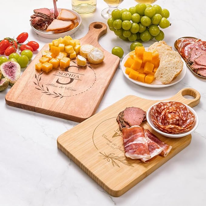 Personalized Wood Engraved Charcuterie Boards with Handle - Custom Reversible Cutting Board S M L - Customized Bridal Shower, Wedding, Anniversary and Housewarming Gifts(Engraved Wreath)