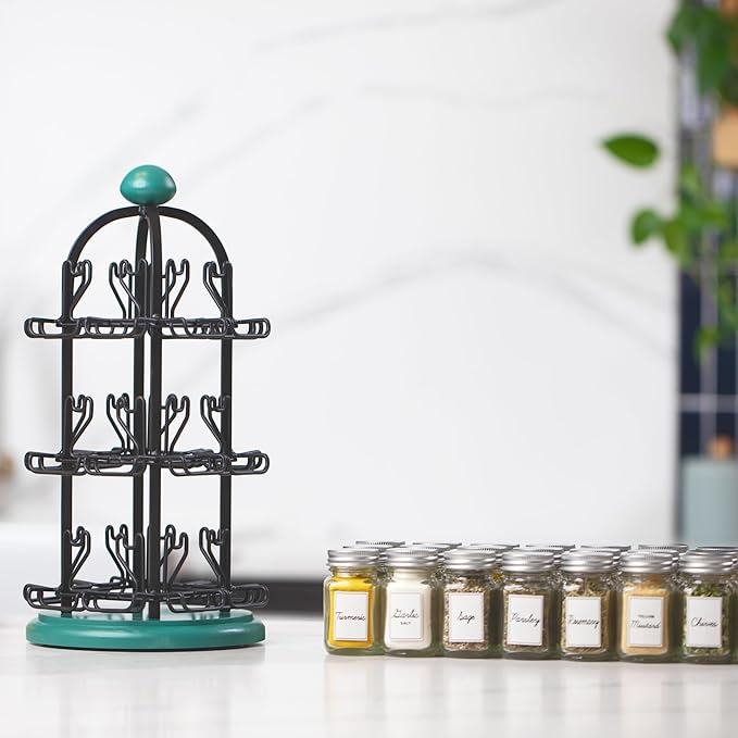 Orii Adrinova 24 Jar Revolving Spice Rack with Spices Included, Spice Organizer for Kitchen Countertop, Black & Green