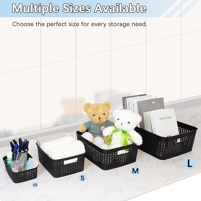 Soddeph Plastic Storage Baskets for Cabinets, Household Pantry Organization with Handle,Organizer Bins for Room,Bathrooms,Under-Sink,Kitchen (Black, M-3PACK)