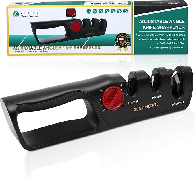 ZenithEdge® 3-in-1 Adjustable Knife Sharpener 14°-24° Angles for Kitchen, Fillet, Pocket Knives & Scissors - Tungsten Steel Ceramic Non-Slip Precision Sharpening Tool Gift