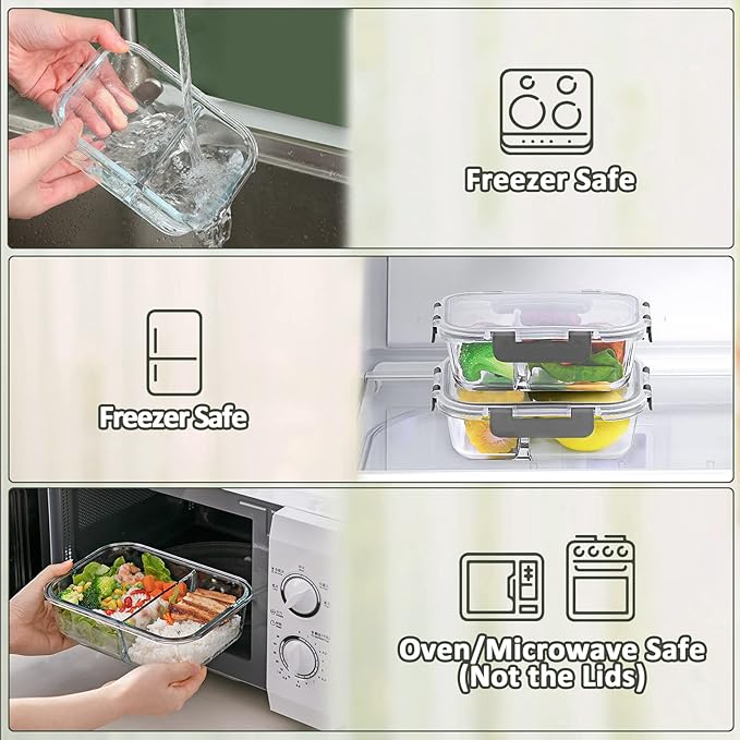 M MCIRCO [5-Pack,36 Oz] Glass Meal Prep Containers 2 Compartments Portion Control with Upgraded Snap Locking Lids Glass Food Storage Containers, Microwave, Oven, Freezer and Dishwasher (4.5 Cups)