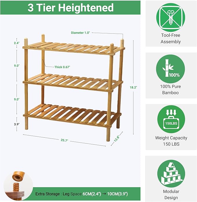 GOGOGO 3-Tier Bamboo Freestanding Shelf | Tool-Free,150lb,Multifunctional Small Bookcase Wood Shelf for Bathroom, Kitchen, Office (Natural, 9.0“H（3 Tier Heightened)