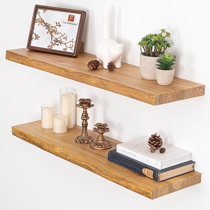 Fun Memories Floating Shelves for Wall Set of 2, Rustic Solid Elm Wood Live Edge Wall Shelves 32 Inch - Invisible Bracket Mount for Living Room, Bathroom, Bedroom, Kitchen, Natural