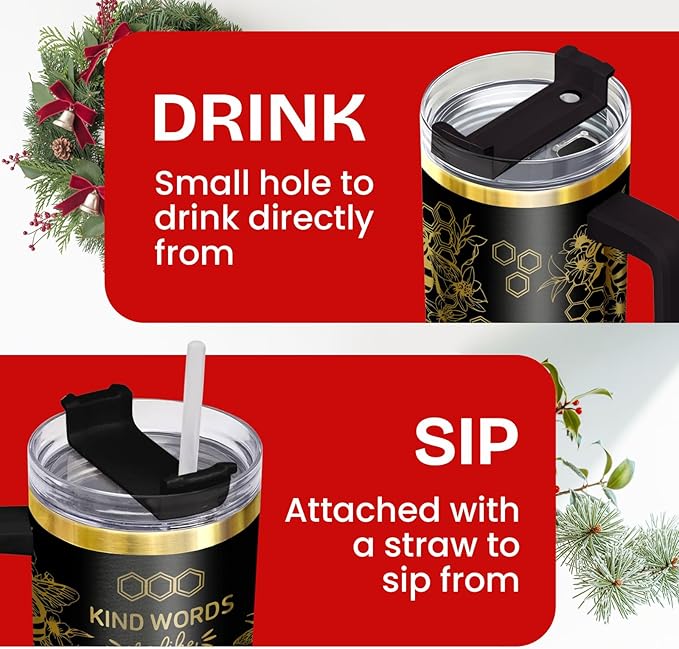 34HD Honey Bee Tumbler with Handle & Straw, 40oz Stainless Steel Vacuum Insulated Christian Coffee Mug, Bee Gifts for Birthday Mothers Day Christmas, Gifts for Women Teachers Mom Daughter Friend