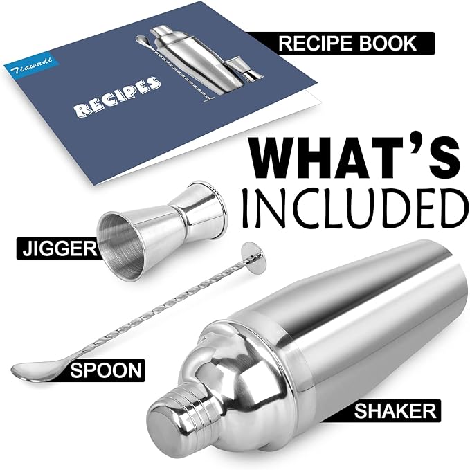 Large 24oz Cocktail Shaker Set, Stainless Steel 18/8 Martini Mixer Shaker with Built-in Strainer, Measuring Jigger & Mixing Spoon, Professional Martini Shaker Set, Perfect for Bartender and Home Use