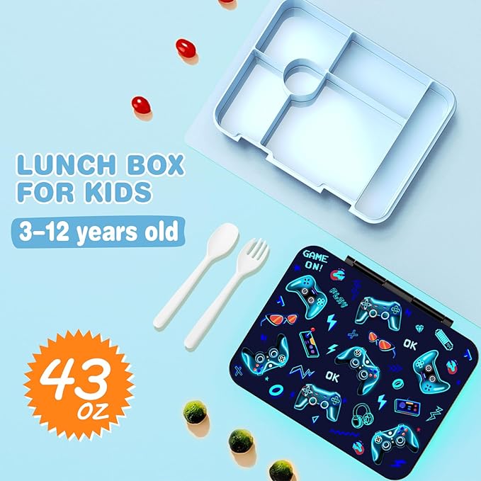 Bevalsa Kids Bento Lunch Box with 6 Compartment, Stainless Steel Metal Water Bottle, Insulated Bag & Utensils, BPA-Free Leakproof Food Container for School Boys Girls, Back To School Gift