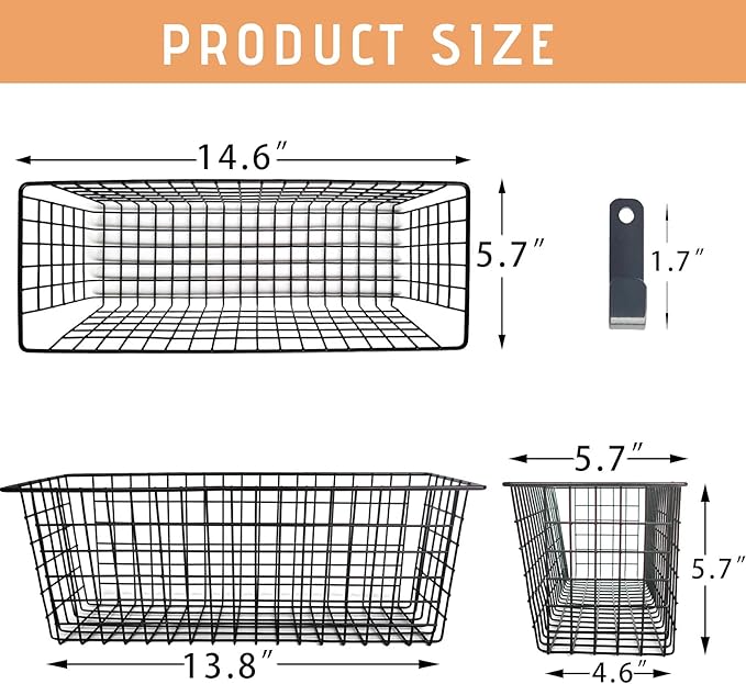 Wall Basket, 4 Set Extra Large Hanging Baskets for Organizing with Hooks, Rustic Farmhouse Decor, Wall Mount Metal Baskets for Bathroom Office Kitchen Cabinet Storage (Black)
