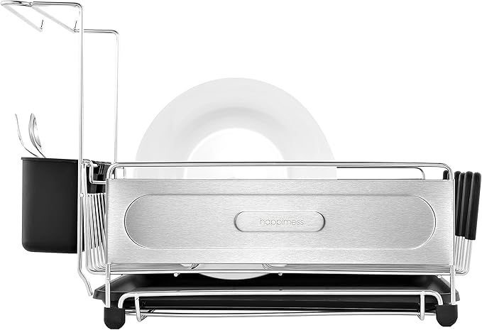happimess DSH1000A Compact 17.25' Fingerprint-Proof Stainless Steel Dish Drying Rack, Dish Rack with Wine Glass Holder, Utensil Holder, Stainless Steel/Black, Silver/Black