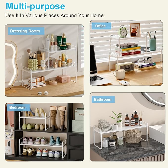 15.5 to 25.5 Inch Expandable Kitchen Cabinet Organizer Shelf, 30 LBS Heavy Duty Stackable Kitchen Counter Storage Shelves Organizers, 2 Pack Adjustable Small Storage Shelf Rack for Cabinet Cupboard