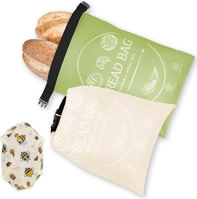 Bread Bags for Homemade with Beeswax Wrap - Zipper Reusable Bread Bag for Sourdough 2-Pack, Large Reusable Food Storage Bag to Keep Sourdough Fresh, Freezer-Safe, Eco-Friendly (Khai& Green)