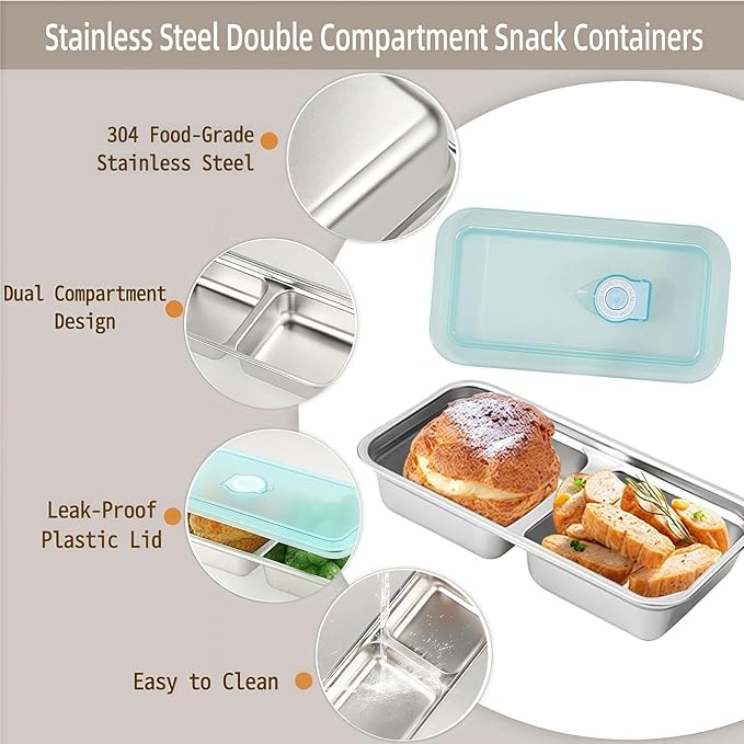 Stainless Steel Snack Containers,2-Pack Stainless Steel Snack Containers with Lids, Reusable Dual Compartment Food Storage Box - Ready to Use for Salad, Lunch, Travel & Outdoor Camping (1)