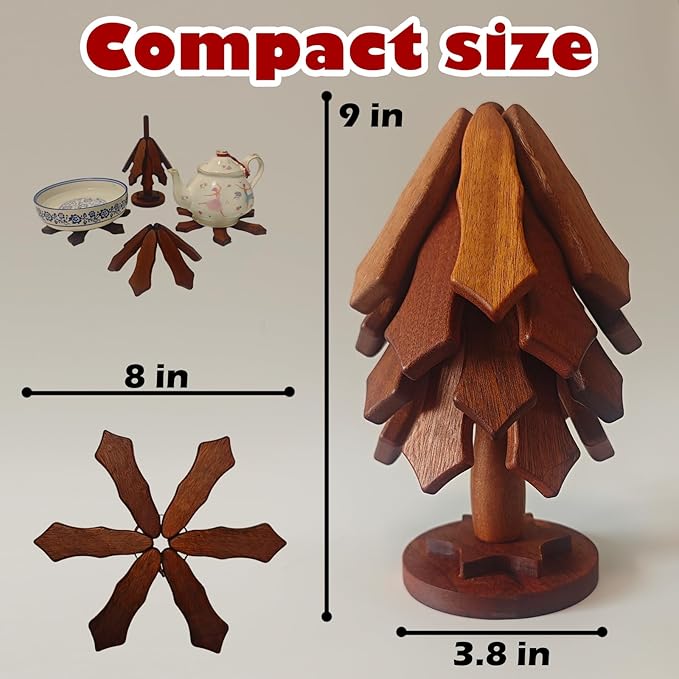 Tree Trivet Set - 4 Pcs Walnut Wooden Trivets with Stand, Foldable Christmas Tree Hot Pot Holders | Snowflake Unfold Design, Effective Heat Insulation