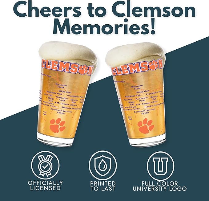 Greenline Goods – University of Clemson Tigers College Pint Beer Glasses (Set of 2), 16 oz – Full-Color Logo + Campus Map