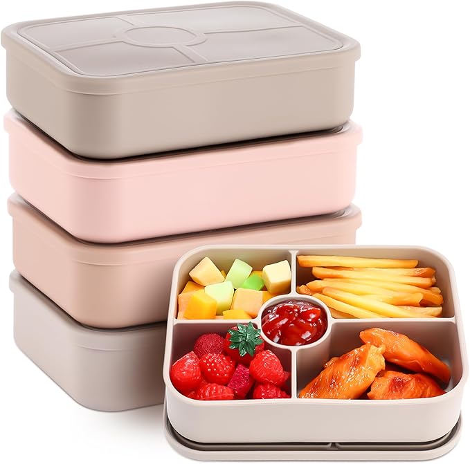 4 Pack Silicone Bento Boxes for Adults, 5 Compartment Reusable Lunch Containers with Sauce Section, Leakproof Meal Prep Snack Box Microwave & Dishwasher Safe for Work School Office(Light Color)