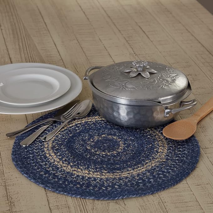 VHC Brands Great Falls Blue Trivet Hot Pad for Pots Pans, Blue White, Jute Blend, Round Circle, 15 Inches