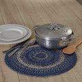 VHC Brands Great Falls Blue Trivet Hot Pad for Pots Pans, Blue White, Jute Blend, Round Circle, 15 Inches