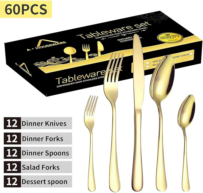 Gold Silverware Set 12 Stainless Steel Flatware Set 60 Piece Spoon Fork Knives Round Wide Handle Proper Weight Dishwasher Safe Gatherings Festival Parties…