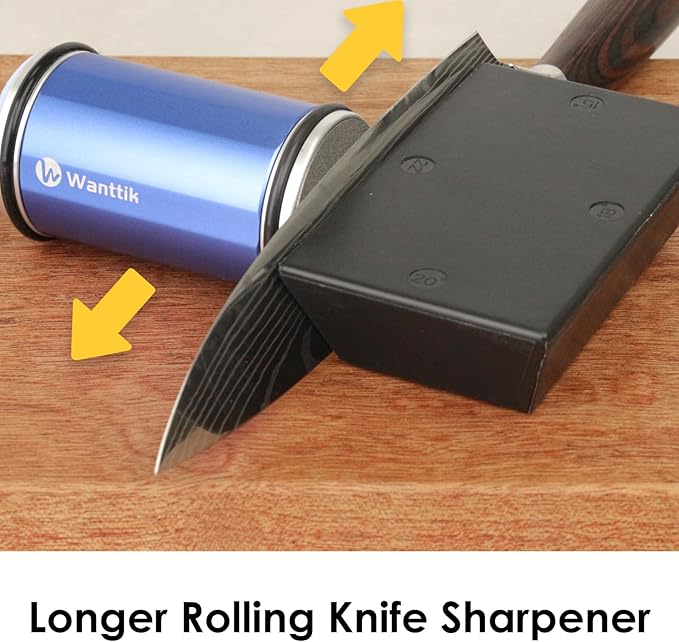 Upgraded Longer Rolling Knife Sharpener Kit, Roller Knife Sharpener with Leather Strop, 4PCS Replaceable Honing Discs, 15°, 18°, 20°, and 22° Longer Angle Base, RS3 Blue