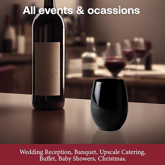 Smarty Had A Party 64 Black Disposable Stemless Wine Glasses 12 oz – Stemless Wine Glass Plastic and Cocktail Glasses Disposable Classy, Plastic Punch Cups for Parties, Weddings and Events