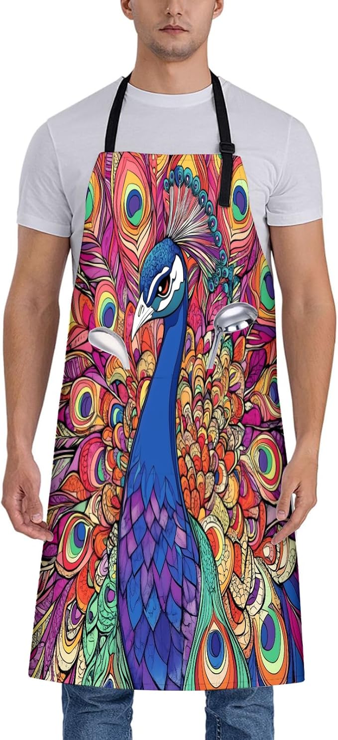 Exquisite Peacock Apron for Women, 28x33in, Kitchen Chef Aprons with 2 Pockets, Polyester, Colorful Peacock Apron for Cooking BBQ Baking Gardening Chef, Gifts for Mom Wife Dad