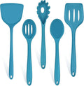 TeamFar Silicone Cooking Utensils Set, 5-Piece Heat Resistant Kitchen Utensils Set, Nonstick Slotted Solid Spoon Turner Pasta Server for Frying, Serving, Mixing, Non-Toxic & Dishwasher Safe, Dark Blue