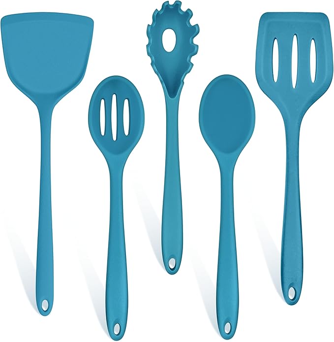 TeamFar Silicone Cooking Utensils Set, 5-Piece Heat Resistant Kitchen Utensils Set, Nonstick Slotted Solid Spoon Turner Pasta Server for Frying, Serving, Mixing, Non-Toxic & Dishwasher Safe, Dark Blue