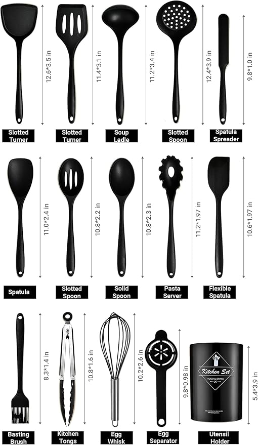 Silicone Kitchen Utensils Set - 15 Pieces Non Toxic Silicone Utensils Set For Cooking，428°F Heat Resistant Food Grade Kitchen Tools，Dishwasher Safe (Black, 15 Piece Set)