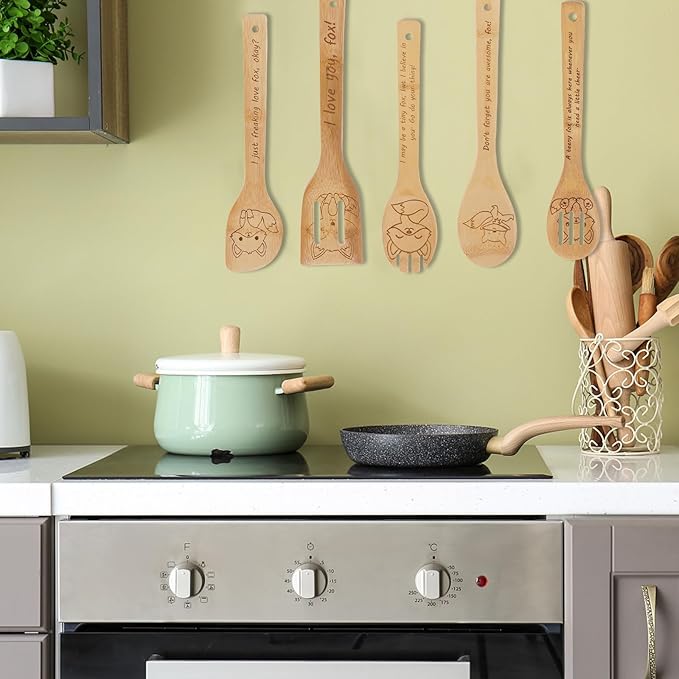 5PCS Fox Wooden Cooking Spoons Set Fox Gifts for Women Kitchen Decor Bamboo Cooking Utensil Spoons for Housewarming Wedding Anniversary Thanksgiving Christmas Gifts Mom Women