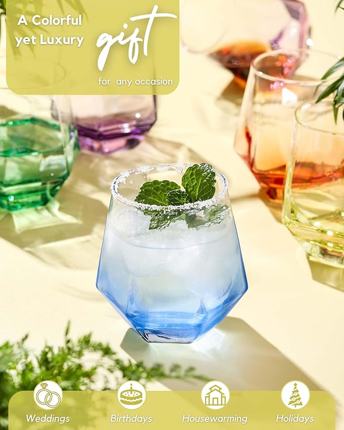 ColoVie Stemless Wine Glasses Set of 6, Cocktail Glasses, Diamond Shaped Wine Glasses for White or Red Wine, Unique Colorful Drinking Glasses,10 oz Easy Hold, Cute, Dishwasher Safe