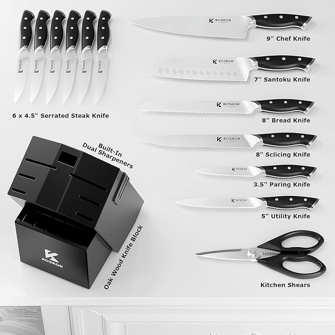 Knife Block Set - KOSROR 15 PCS German Stainless Steel Kitchen Knife Set with Block and Sharpener - Full-Tang Ergonomic Handle Knife Set - Razor Sharp Blades and Dishwasher Safe - ShadowCraft Series