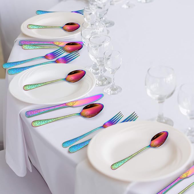 Embossed Flatware Set Rainbow 30 Piece Stainless Steel Silverware for 6 Cutlery with Floral Design Eating Utensils for Weddings Parties Festival and Restaurants Kitchen Daily Use