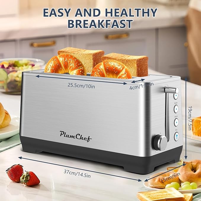 4-Slice Toaster, Extra Wide Long Slot Toaster with Warming Rack, 6 Browning Settings, Bagel/Defrost/Reheat Functions, Removable Crumb Tray, Stainless Steel Housing,Stainless Steel