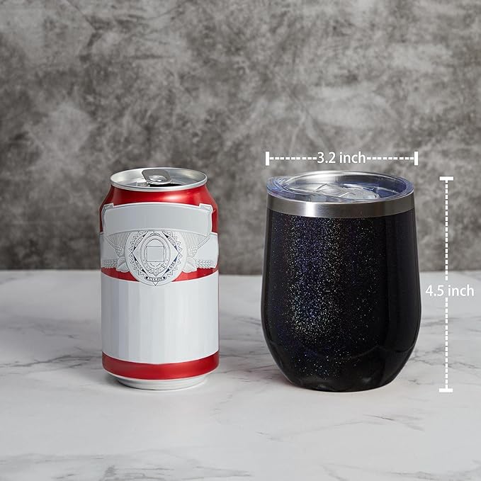 MEWAY 12oz/16 Pack Wine Tumbler Glasses with Lid - Stemless Double Wall Vacuum Stainless Steel Glitter Tumbler - Keeping Cold & Hot Cup for Coffee,Gift for Women(Rainbow Black,Set of 16)