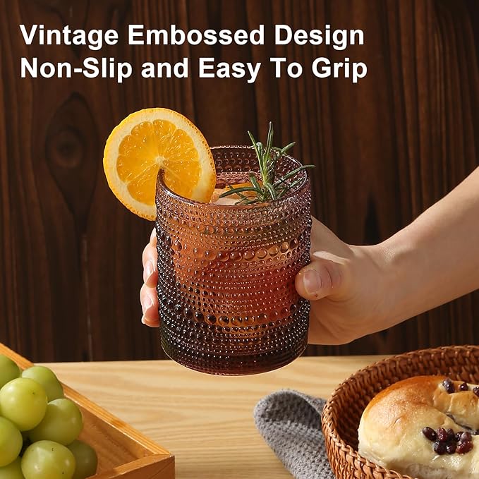 Vintage Glassware Drinking Glasses Set of 12,Purple 12oz & 15oz Hobnail Glass Cups,Embossed Water Tumbler,for Beer,Cocktail,Whiskey,Juice and Various Mixed Drinks- 1 Cleaning Brush