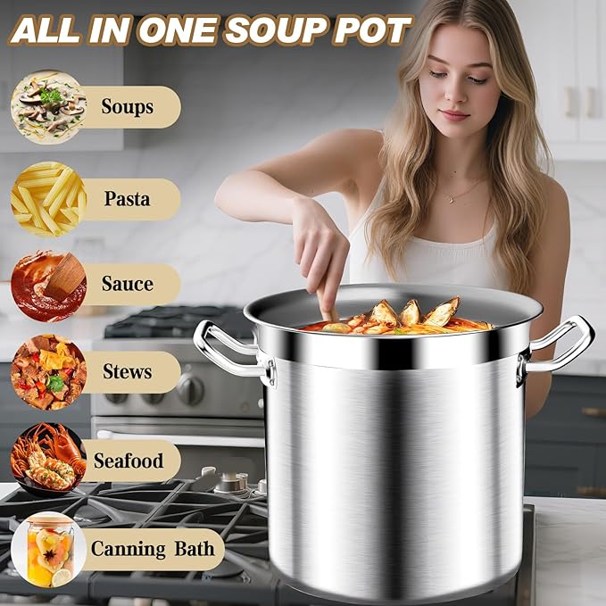 75QT Stainless Steel Stockpot with Lid, Large Stock Pot Heavy Duty Tri-Ply Bottom Commercial Grade Soup Pot for Cooking Soup, Stew, Canning, Oven, Gas, Ceramic, Dishwasher Safe