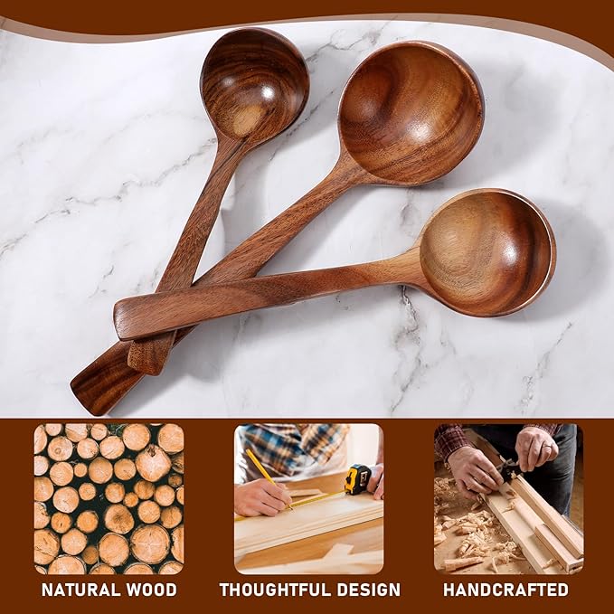 3 Pack Wooden Ladle for Soup, 3 Size Non-Stick Wood Spoons Scoop with Back Hooks Heat Resistant Comfortable Grip Kitchen Utensils Set for Pot Bowl Cooking Serving Stirring