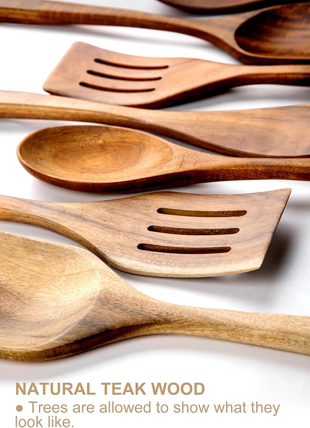 Nucookery Wooden Cooking Utensils Set with Holder, Teak Wood Utensils, Ceramic Holder for Countertop with Protection Cork Bottom, Nonstick Spoons, Cooking Spatula Set, 10 Pcs Kitchen Decor, (Black)