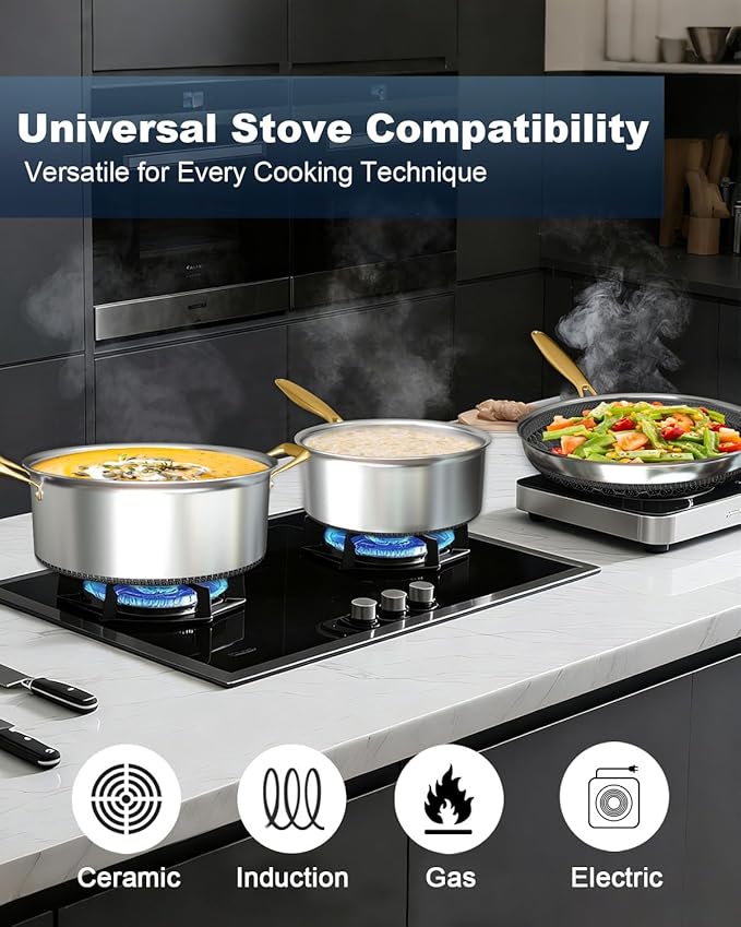 FogDream Stainless Steel Cookware, Tri Ply Pots And Pans Set, Non Stick Frying Pans, Soup Pot & Sauce Pan With Tempered Glass Lids, Cool Handles, Dishwasher Safe, Induction Compatible, Gold