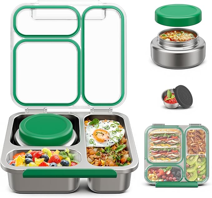 Stainless Steel Bento Box Kids Adult with 7oz Soup Thermo, Transparent Lid 3 Compartments Metal Bento Lunch Box with Insulated Food Jar,Lunch Box Container Sauce Cup for School,BPA-Free(Green)